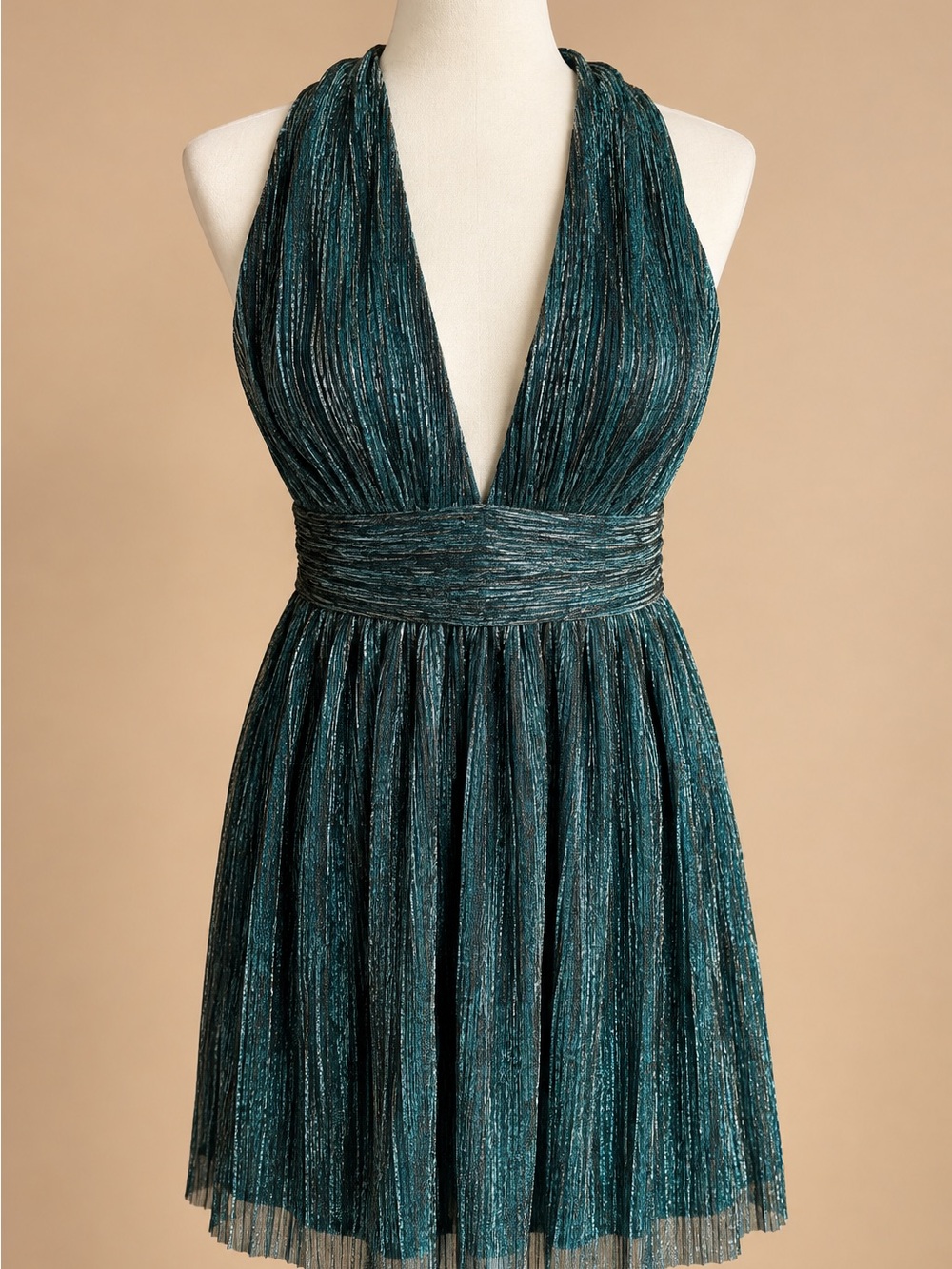 Lulus Ailey Gold & Teal Shimmery Metallic Skater Dress – Like New